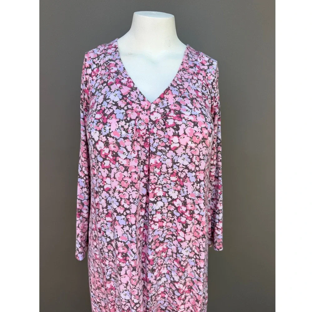 Midnight Carole Hochman Nightgown Medium Pink Floral Long Sleeve VNeck Sleepwear
